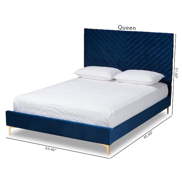 Fabrico Glam And Luxe Navy Blue Velvet Upholstered And Gold Metal King Size Platform Bed